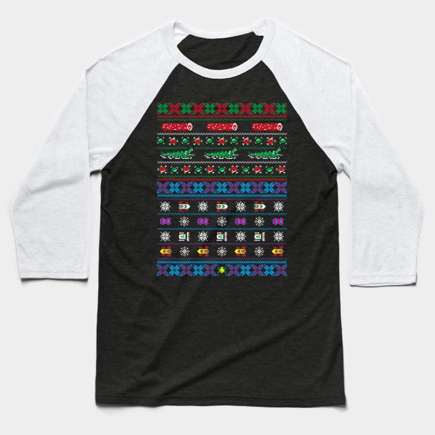 Frogs, Logs & Automobiles - Frogger Arcade Christmas Ugly Sweater Baseball T-Shirt by RetroReview